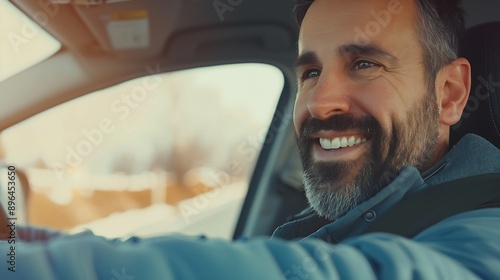 Portrait of a handsome smiling man driving a car Father enjoying road trip on weekend and traveling by automobile with his family Holiday and travel concept : Generative AI © The Little Hut