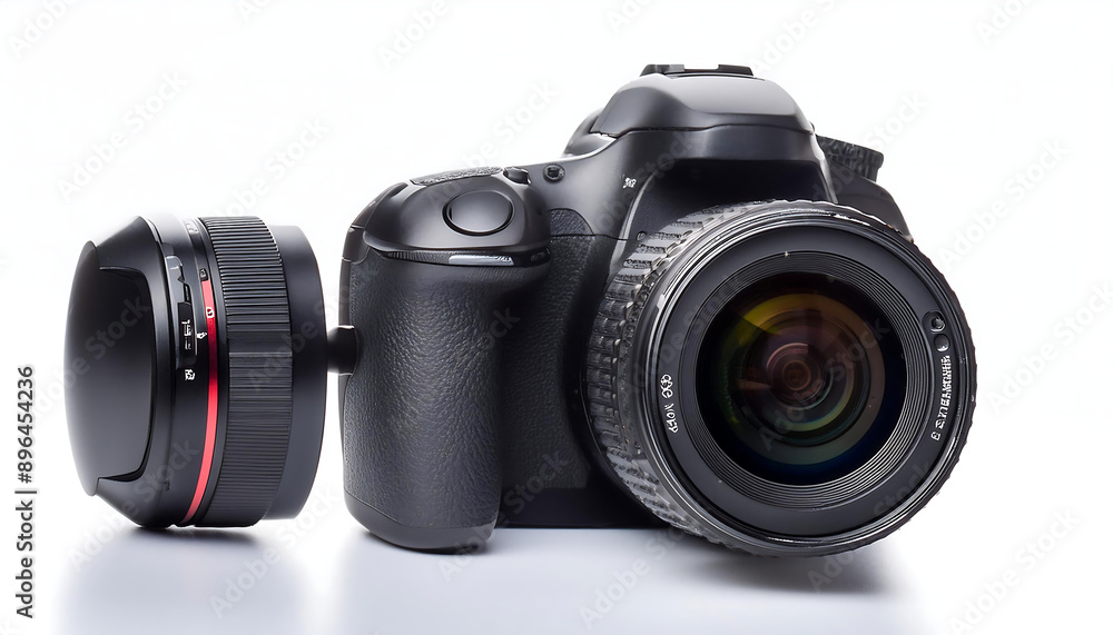 Modern DSLR camera with accessories on white background Modern DSLR camera with accessories on white background
