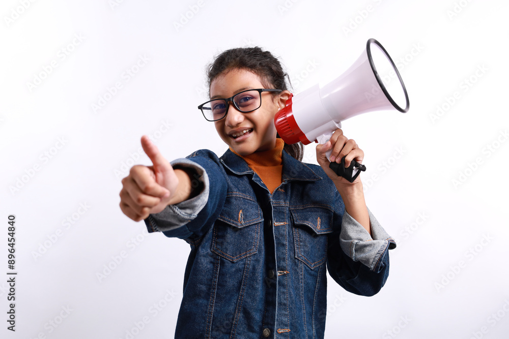 Naklejka premium Cute 10 year old asian girl holding megaphone isolated on white background smiling and giving thumbs up