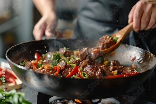 Asian dish cooked in a wok pan beef and vegetables fried with soy sauce by a skilled chef on a grey background for menu or recipe design