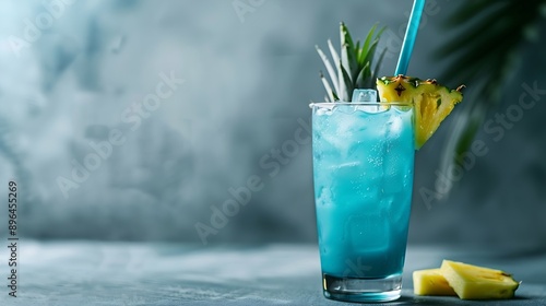 Boozy Blue Hawaii Cocktail with Rum and Pineapple on gray background : Generative AI