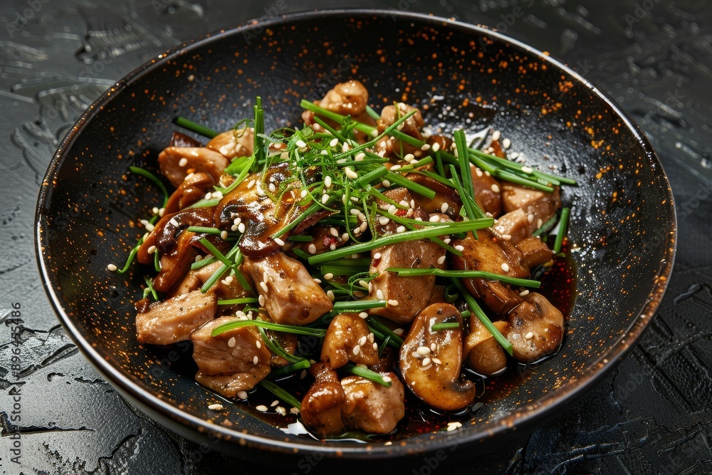 Asian style stir fried turkey fillet with paprika mushrooms chives and sesame seeds on a black stone kitchen table top view Asian style stir fried turkey fillet with paprika mushrooms chives and sesame seeds on a black stone kitchen table top view