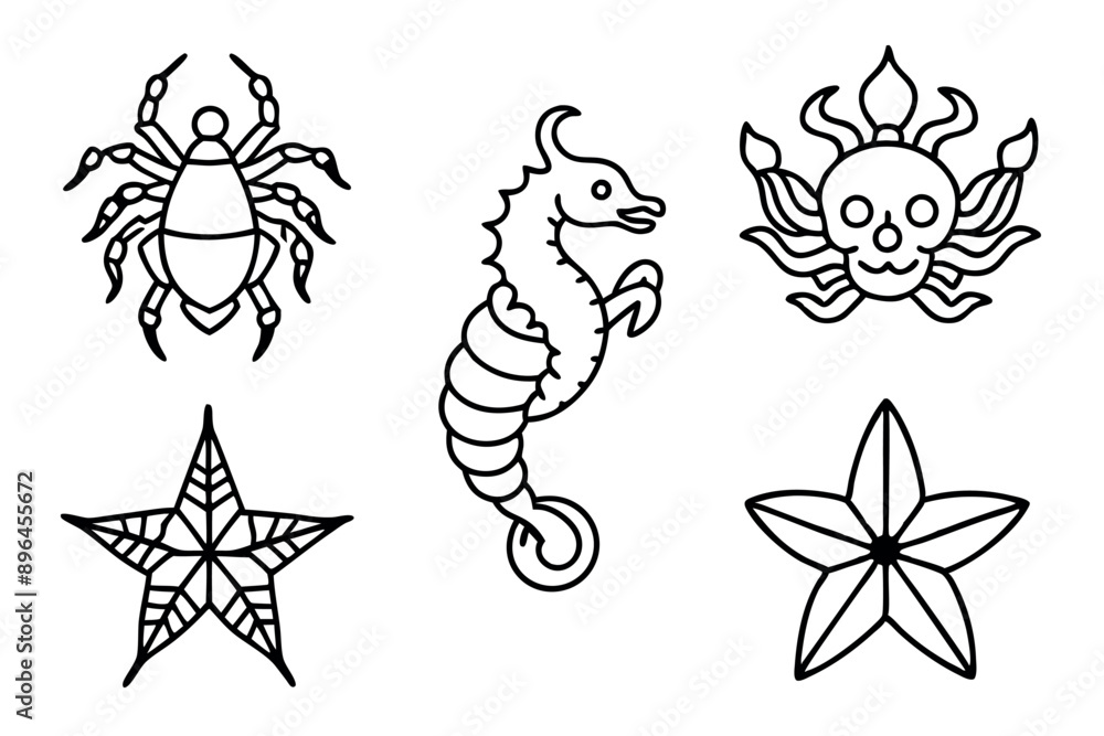 Set cute seahorses icons. Black seahorses with different silhouette on white background. Set cute seahorses icons. Black seahorses with different silhouette on white background.