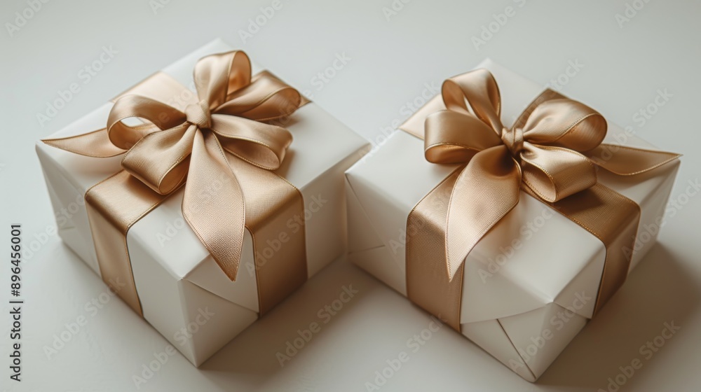 Two elegant gift boxes with gold ribbons on white background Two elegant gift boxes with gold ribbons on white background