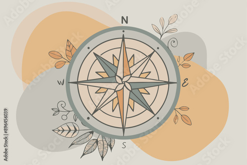 Vector illustration of vintage compass with map, black outline