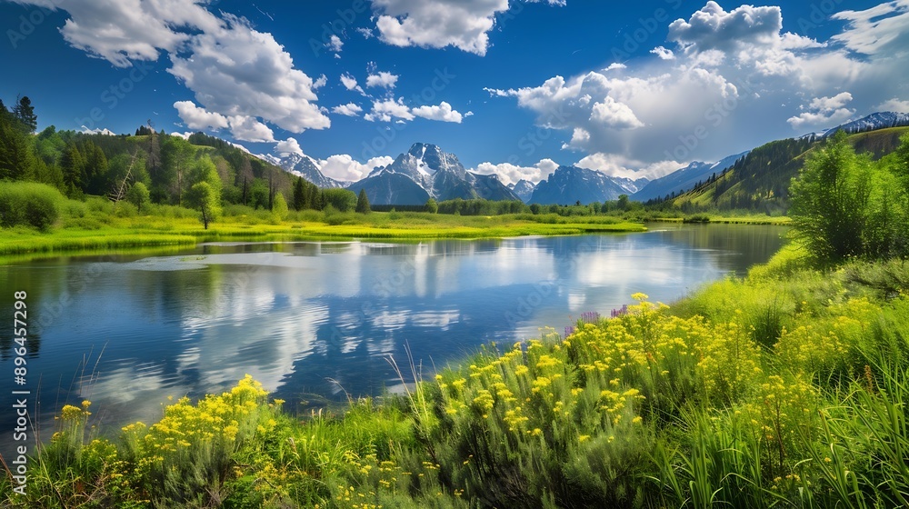 Beautiful landscape seen from Oxbow Bend along the Snake River from Grand Teton National Park Wyoming : Generative AI Beautiful landscape seen from Oxbow Bend along the Snake River from Grand Teton National Park Wyoming : Generative AI