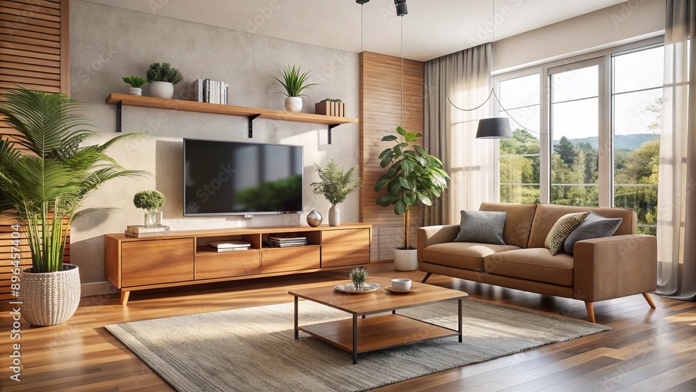 Fototapeta premium Cozy living room with a plush sofa, modern TV on a wooden TV stand, and minimal decor, vacant but evoking a sense of relaxation.