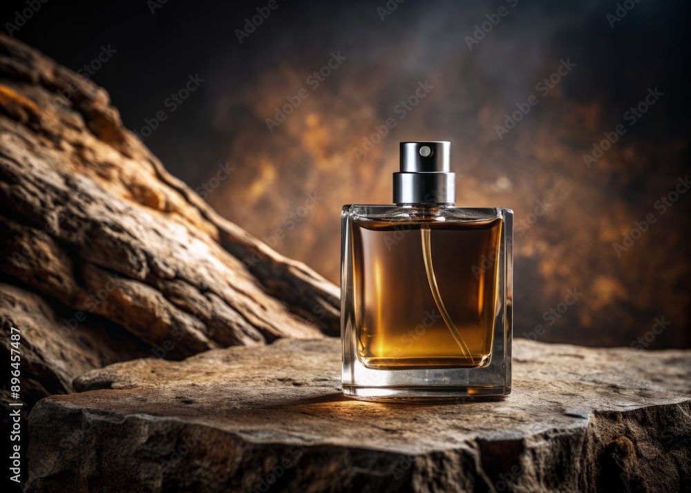 Luxurious fragrance bottle positioned on a rustic stone, contrasting against a dark, moody background, evoking feelings of sophistication and elegance in a masculine scent. Luxurious fragrance bottle positioned on a rustic stone, contrasting against a dark, moody background, evoking feelings of sophistication and elegance in a masculine scent.