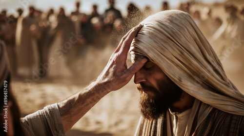 Jesus heals a blind man from behind by touching his eyes. Crowds watch in amazement along a dusty village street. This photo is full of emotion and compassion.