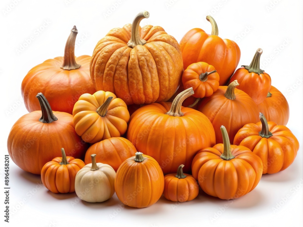 A vibrant cluster of orange pumpkins with varied sizes and shapes, arranged artfully on a pure white background, evoking autumnal warmth and festive ambiance. A vibrant cluster of orange pumpkins with varied sizes and shapes, arranged artfully on a pure white background, evoking autumnal warmth and festive ambiance.