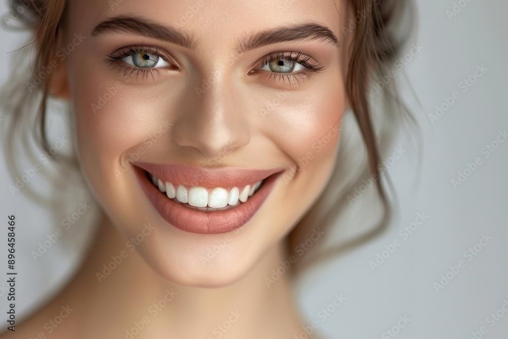 Beautiful woman with perfect teeth natural makeup and a radiant smile on a gray background Also featuring eye makeup lip gloss and a fashionable girl with summe Beautiful woman with perfect teeth natural makeup and a radiant smile on a gray background Also featuring eye makeup lip gloss and a fashionable girl with summe