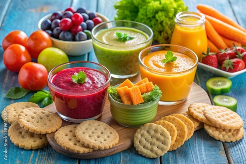 Colorful arrangement of fresh fruit and vegetable purees, whole grain crackers, and a sippy cup of juice, surrounded by a soft toy, ideal for little ones. photo