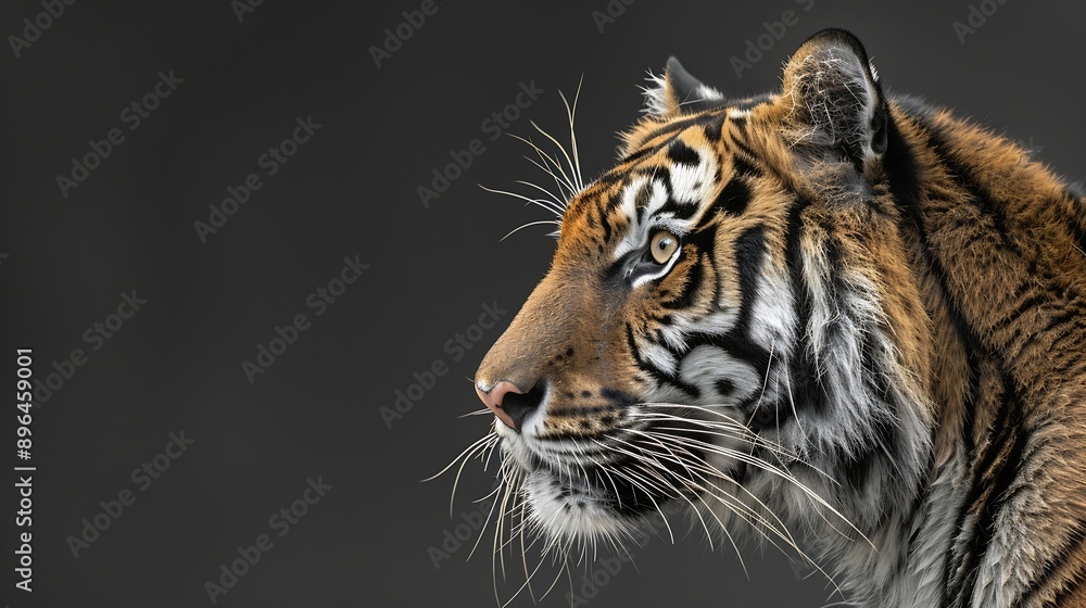 Naklejka premium Profile portrait of Bengal tiger Panthera tigris tigris isolated on grayblack background : Generative AI