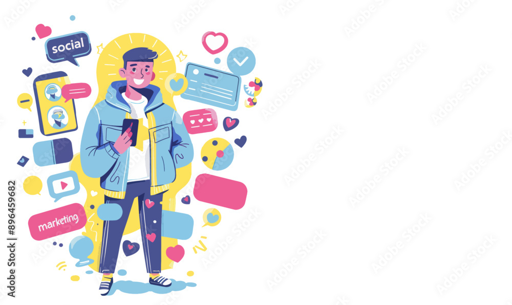 Teenager with smartphone surrounded by social marketing icons Teenager with smartphone surrounded by social marketing icons