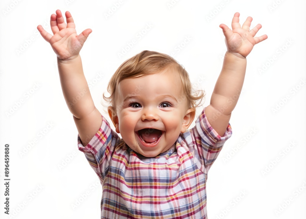 Joyful baby toddler child celebrates with arms up in the air, beaming with excitement and happiness, isolated on a transparent background. Joyful baby toddler child celebrates with arms up in the air, beaming with excitement and happiness, isolated on a transparent background.