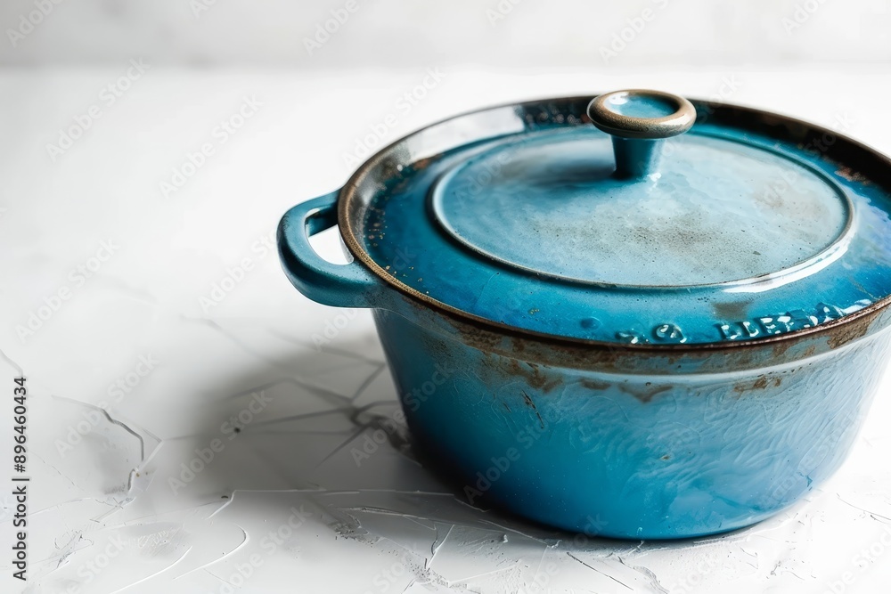 Blue cast iron Dutch oven with enamel coating displayed on white Blue cast iron Dutch oven with enamel coating displayed on white