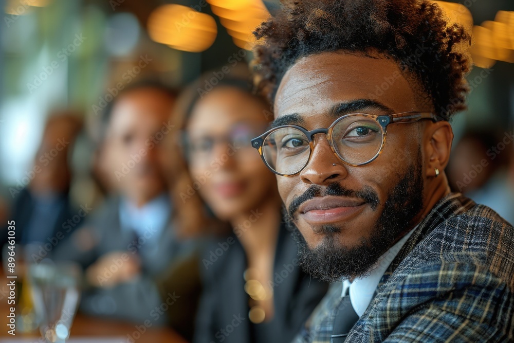 A man with glasses in a plaid suit smiles at the camera while attending a group meeting, highlighting a positive work environment and professional camaraderie. A man with glasses in a plaid suit smiles at the camera while attending a group meeting, highlighting a positive work environment and professional camaraderie.