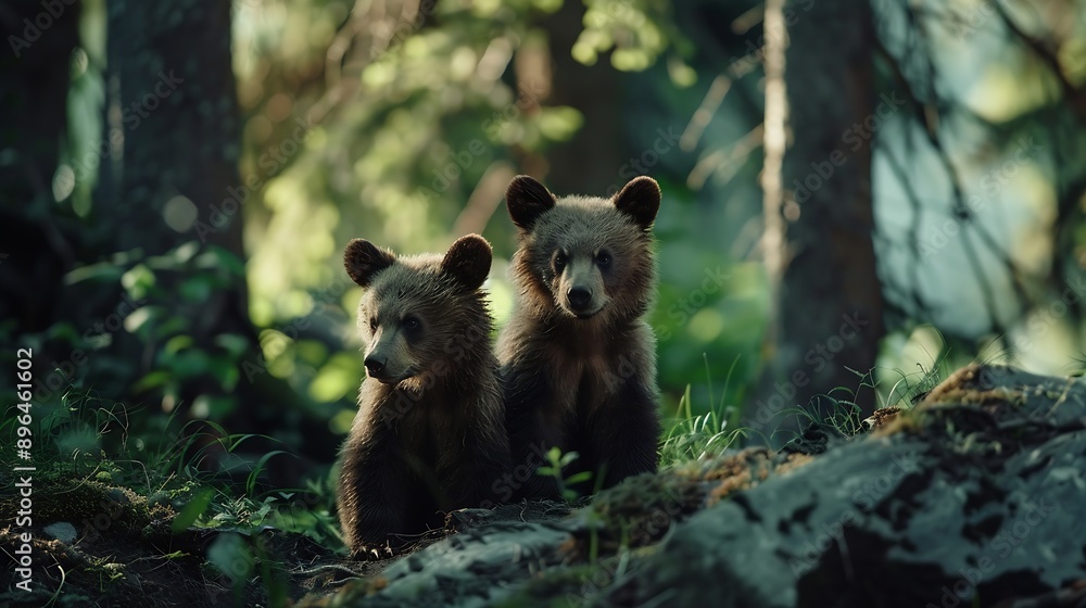 Obraz premium Two young brown bear cub in the forest Portrait of brown bear animal in the nature habitat Wildlife scene from Europe Cub of brown bear without mother : Generative AI
