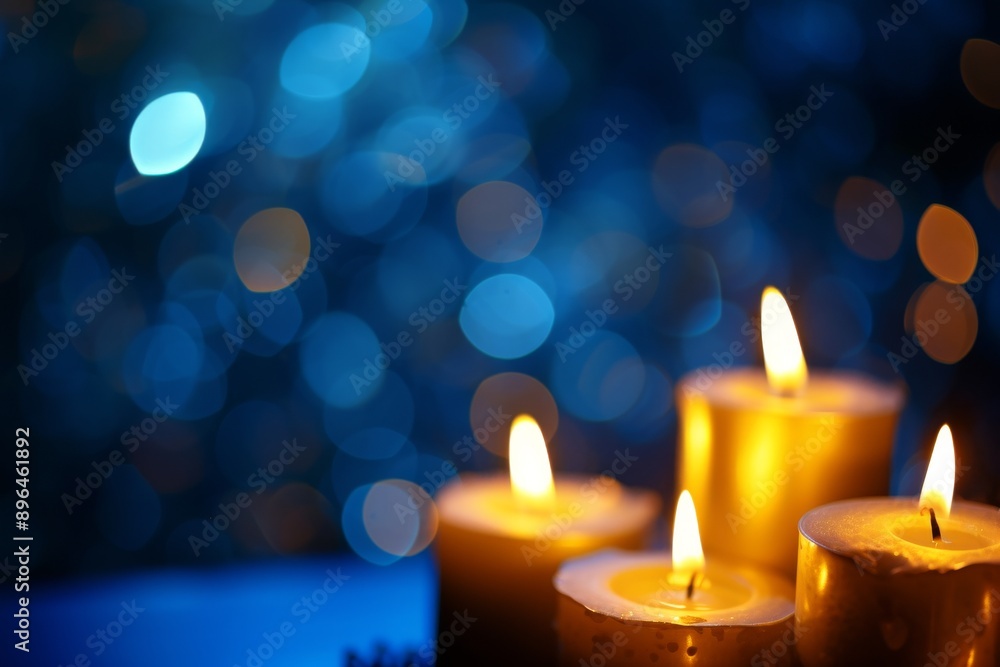 Burning candles on a dark blue background with golden bokeh for a solemn event Burning candles on a dark blue background with golden bokeh for a solemn event