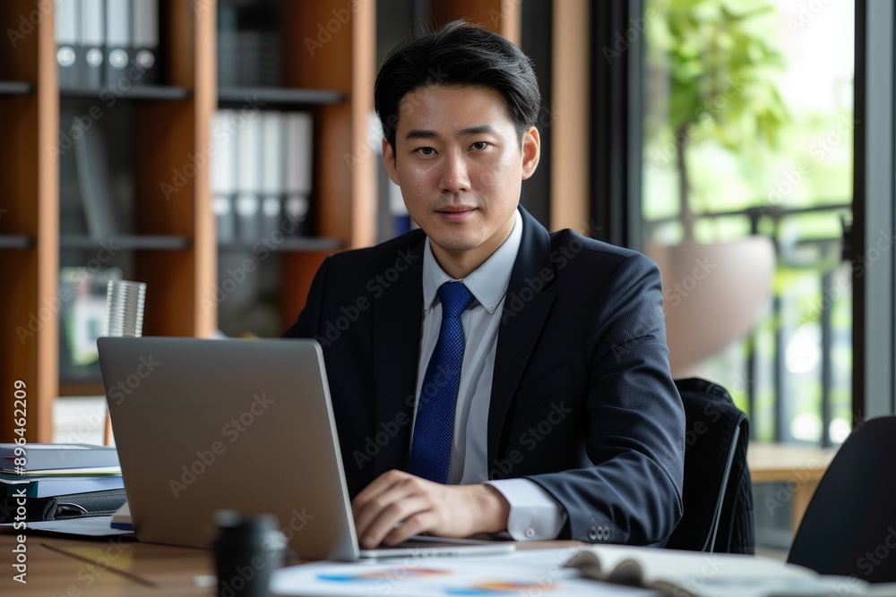 Busy Asian executive working on financial strategy at corporate office using computer technology Busy Asian executive working on financial strategy at corporate office using computer technology