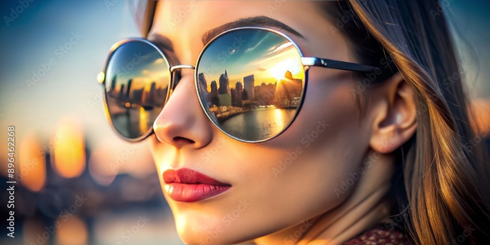 Woman wearing stylish sunglasses reflecting city, close-up face, blurred buildings. Blurred city background with woman's face in oversized sunglasses. Woman wearing stylish sunglasses reflecting city, close-up face, blurred buildings. Blurred city background with woman's face in oversized sunglasses.