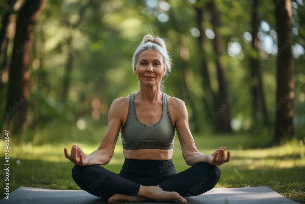 Caucasian mature woman in sporty outfit meditates on a fitness mat outdoors in a park Caucasian mature woman in sporty outfit meditates on a fitness mat outdoors in a park