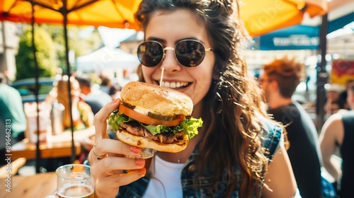 Beautiful young woman holding delicious organic salmon vegetarian burger and drinking homebrewed IPA beer on open air beer an burger urban street food festival in Ljubljana Slovenia : Generative AI