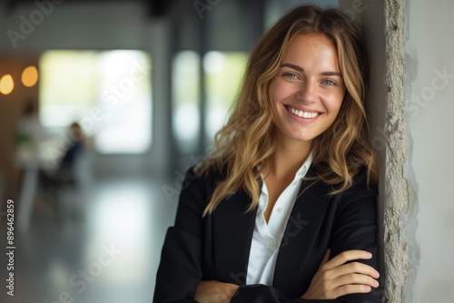 Cheerful young professional woman with a friendly smile posing by office pillar arms crossed grinning at camera