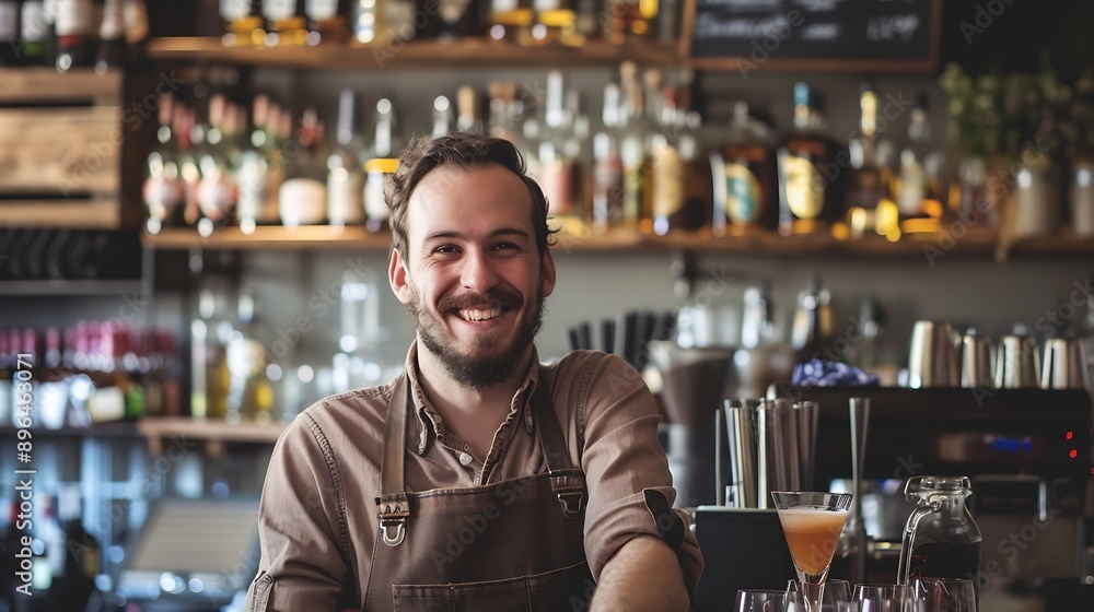 Bartender man and happy in portrait at counter with service for drinks cocktails and liquor in restaurant Person barman and small business owner with glasses ready and waiter for alcoh : Generative AI Bartender man and happy in portrait at counter with service for drinks cocktails and liquor in restaurant Person barman and small business owner with glasses ready and waiter for alcoh : Generative AI
