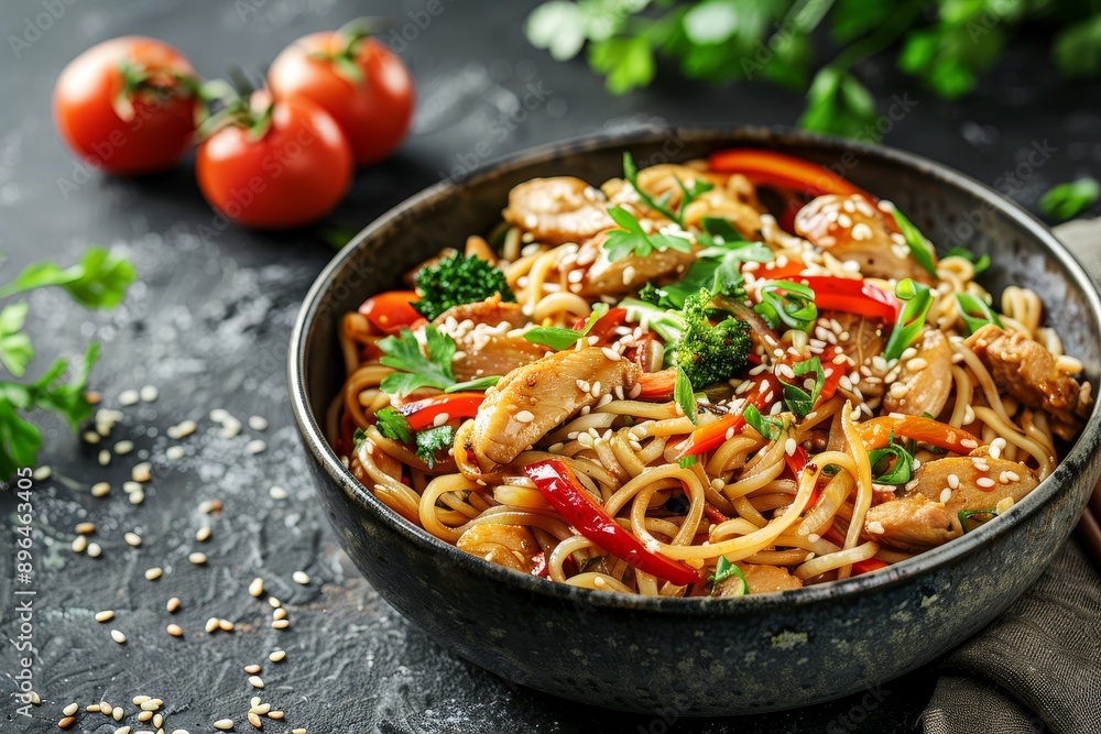 Chicken and sesame udon stir fry in a bowl on a dark stone background Chicken and sesame udon stir fry in a bowl on a dark stone background
