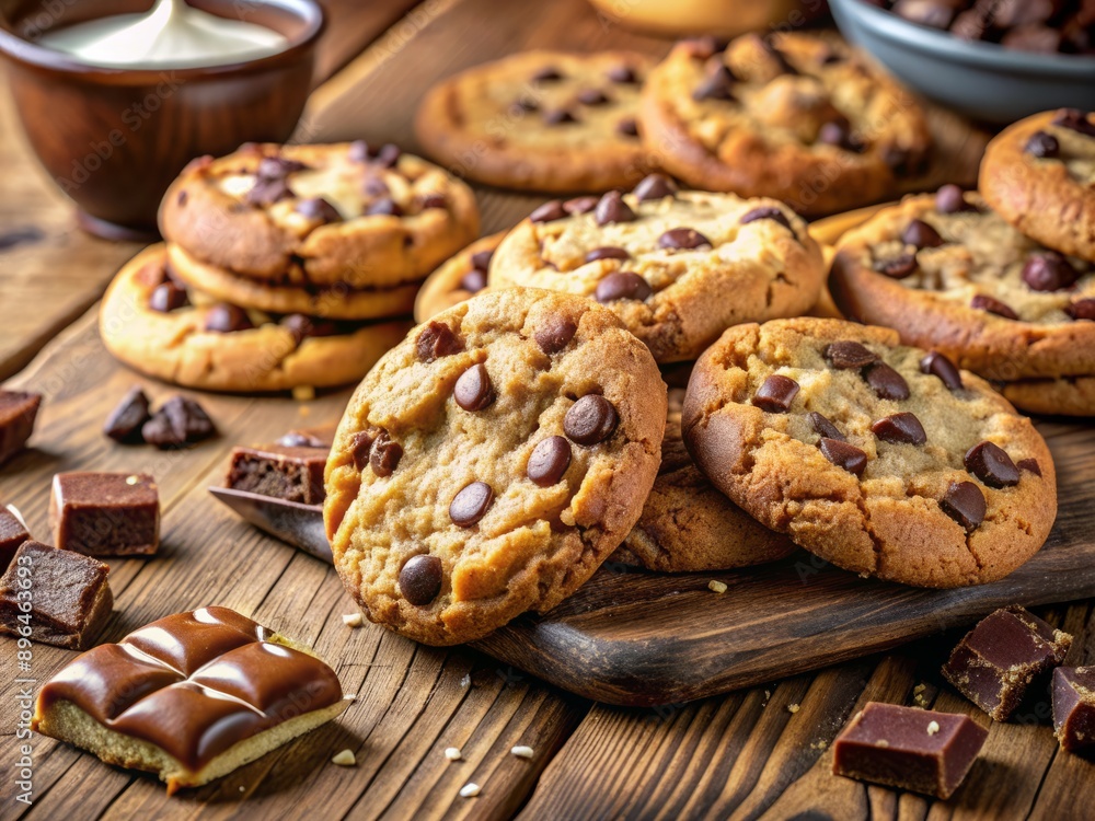 Freshly baked warm chocolate chip cookies with gooey centers and crispy edges, scattered on a rustic wooden table, surrounded by sweet treats and crumbs. Freshly baked warm chocolate chip cookies with gooey centers and crispy edges, scattered on a rustic wooden table, surrounded by sweet treats and crumbs.
