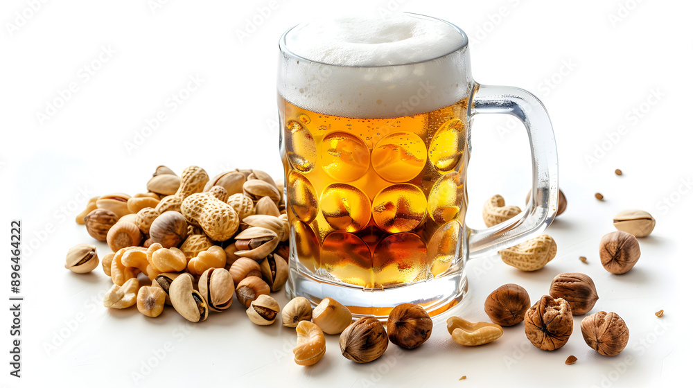 A beer mug with nuts on white background A beer mug with nuts on white background