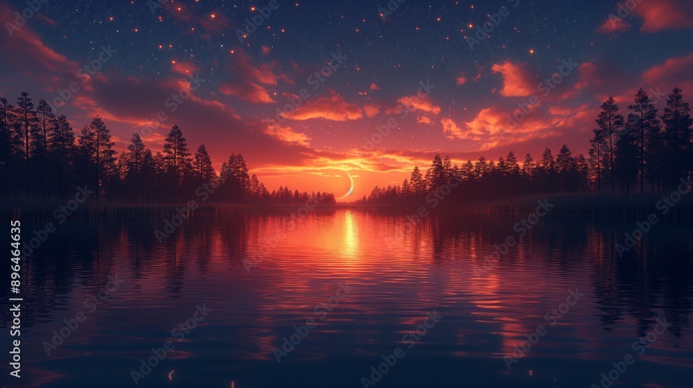 Obraz premium Schöner Sonnenuntergang mit klarem cinematischem Sternenhimmel auf einem fremden Planeten