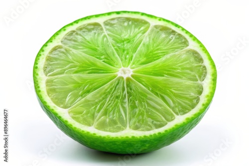 Freshly cut lime slice with vibrant green color and juicy pulp, isolated on a clean white background, perfect for cooking or beverage illustrations.