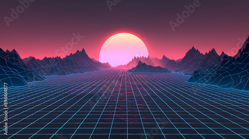 Illuminated vector landscape with 3D glowing pathway grids.