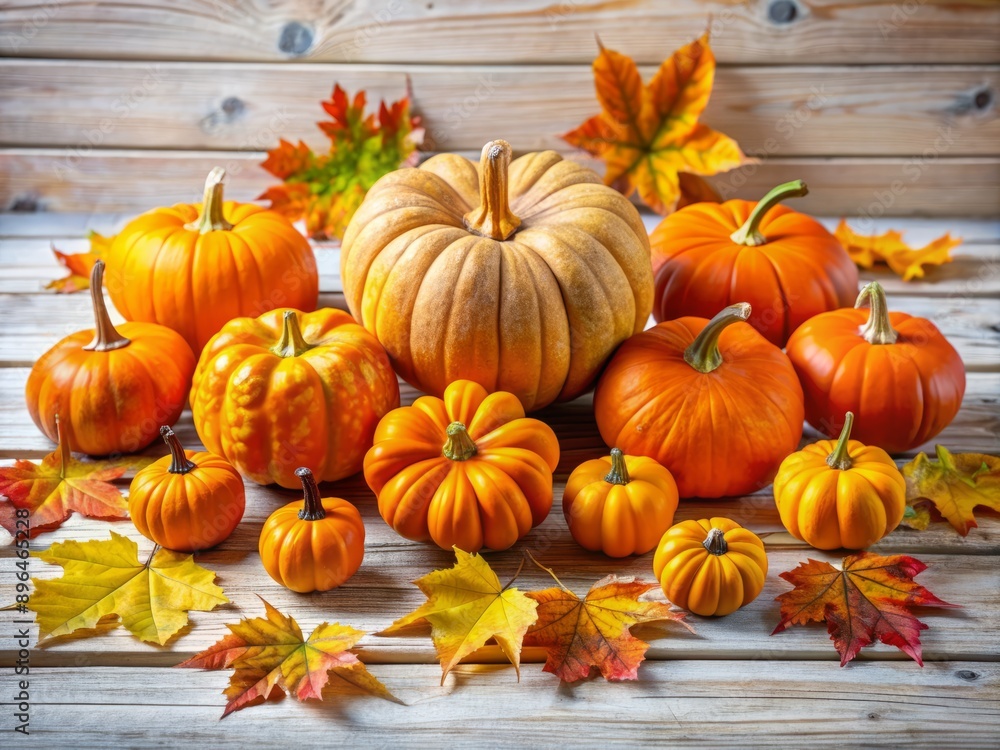 Vibrant orange halloween pumpkins arranged on rustic white planks, surrounded by autumn leaves and decorative gourds, evoke a warm and inviting holiday atmosphere. Vibrant orange halloween pumpkins arranged on rustic white planks, surrounded by autumn leaves and decorative gourds, evoke a warm and inviting holiday atmosphere.