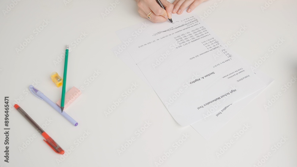 Female draws correct answer in math exam test paper with pencil. Student filling up the answer sheet, writing right answer, top view shot. Female draws correct answer in math exam test paper with pencil. Student filling up the answer sheet, writing right answer, top view shot.