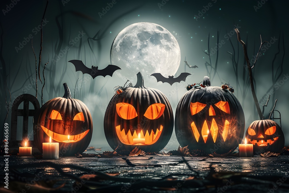 Fototapeta premium Glowing Jack-o’-Lanterns in a Spooky Halloween Night