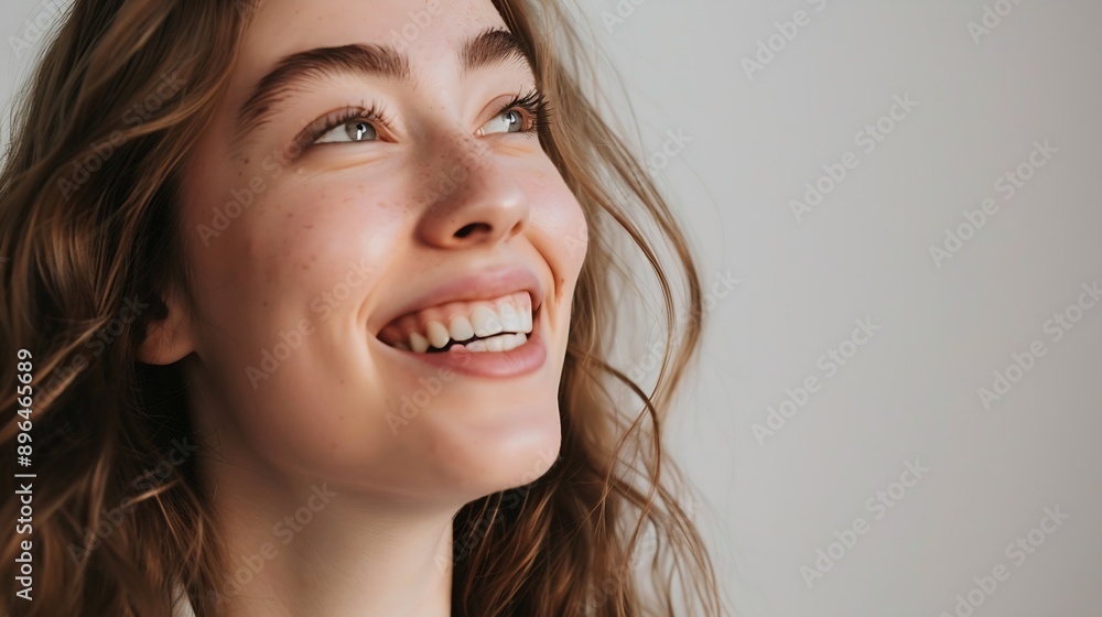 Happy portrait and woman in studio for beauty cosmetics and dermatology with confidence Collagen face and gen z by white background for treatment smile and makeup for luxury and skinca : Generative AI