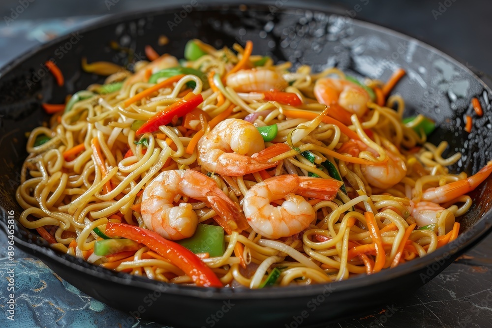 Close up of stir fried noodles with veggies and shrimp in a black iron pan against a slate backdrop Close up of stir fried noodles with veggies and shrimp in a black iron pan against a slate backdrop