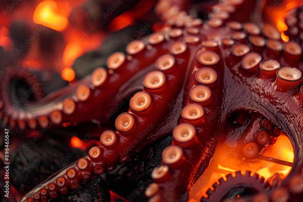 Obraz premium Close up of grilled octopus tentacles over glowing coals on the grill
