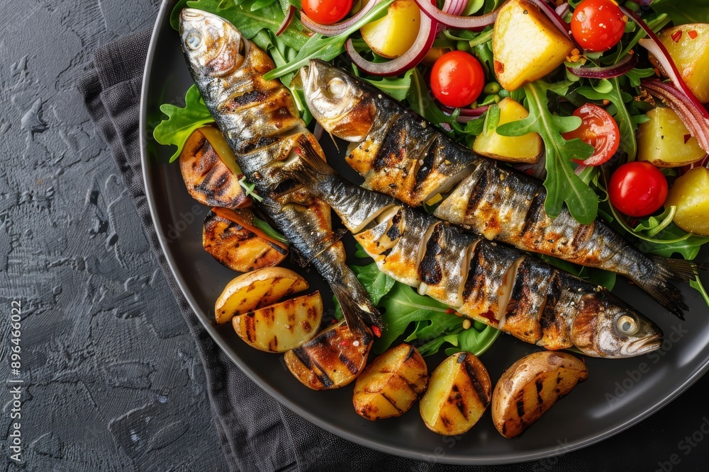 Close up overhead view of grilled sardines roasted potatoes and fresh vegetable salad on a plate Close up overhead view of grilled sardines roasted potatoes and fresh vegetable salad on a plate