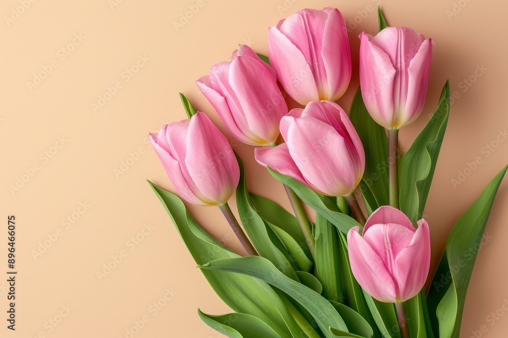 Close up pink tulips on beige background with copy space Floral template for botanical fine art poster Close up pink tulips on beige background with copy space Floral template for botanical fine art poster