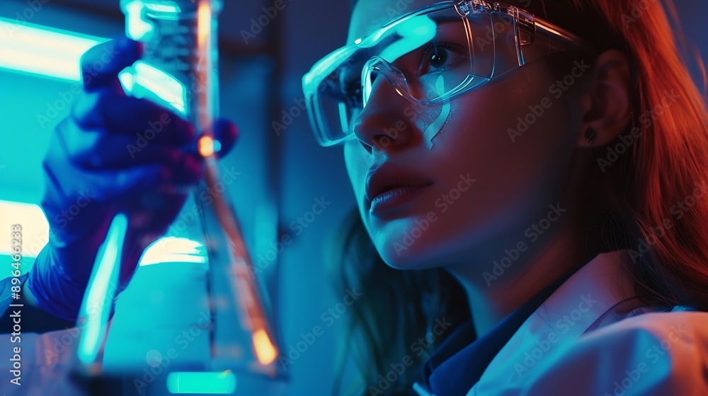 Woman beaker or scientist in laboratory for science innovation life expectancy or antiaging medicine Futuristic medical or healthcare biologist with chemistry liquid in research or exa : Generative AI Woman beaker or scientist in laboratory for science innovation life expectancy or antiaging medicine Futuristic medical or healthcare biologist with chemistry liquid in research or exa : Generative AI