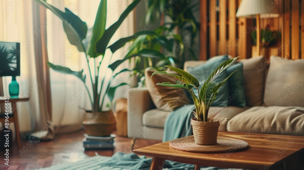A warm and inviting living room with comfortable furniture and lush greenery A warm and inviting living room with comfortable furniture and lush greenery