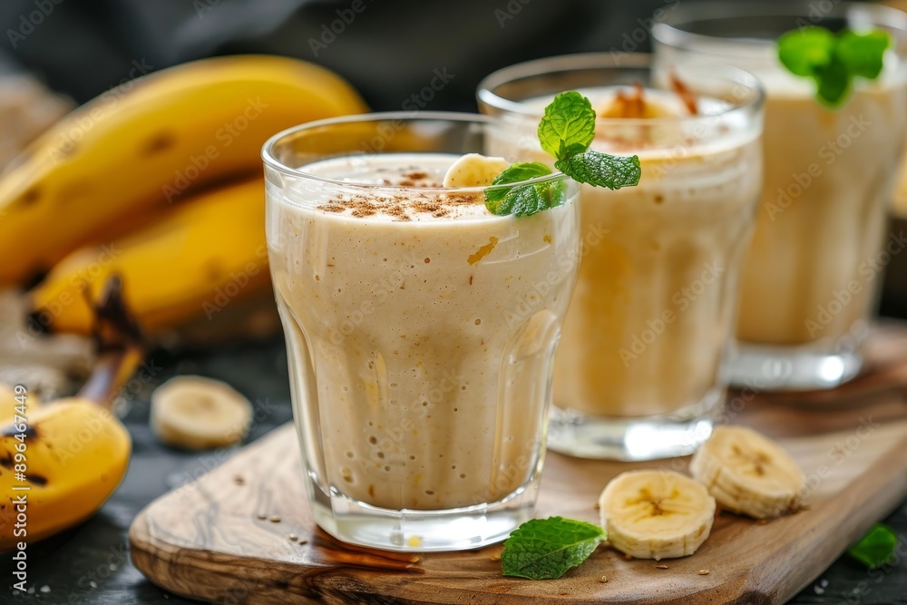 Closeup view of a banana protein smoothie served in a glass on a wooden board Closeup view of a banana protein smoothie served in a glass on a wooden board