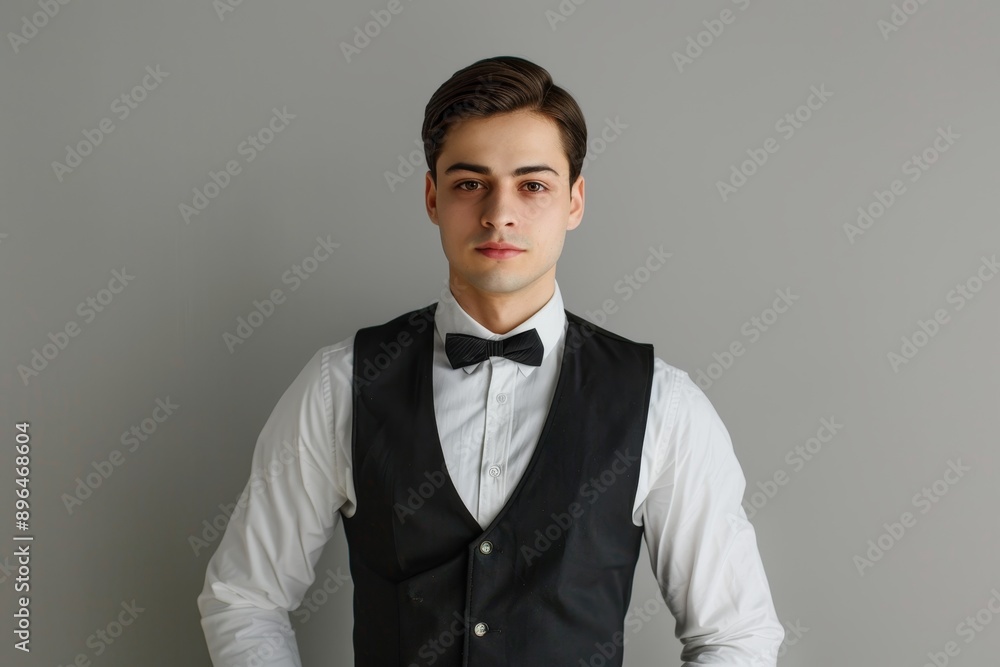 Confident barista in 20s dressed in elegant white uniform poses for camera in cafe Confident barista in 20s dressed in elegant white uniform poses for camera in cafe