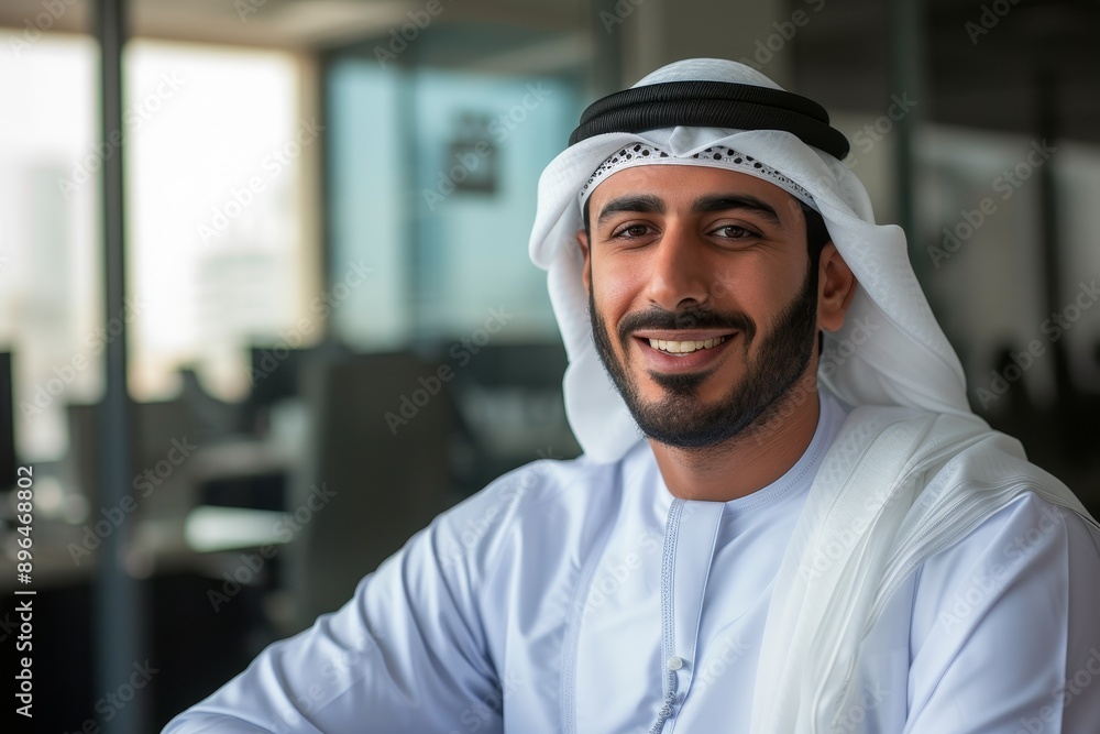 Content Emirati Arab in Kandura ideal for Middle East business concept observes office Content Emirati Arab in Kandura ideal for Middle East business concept observes office
