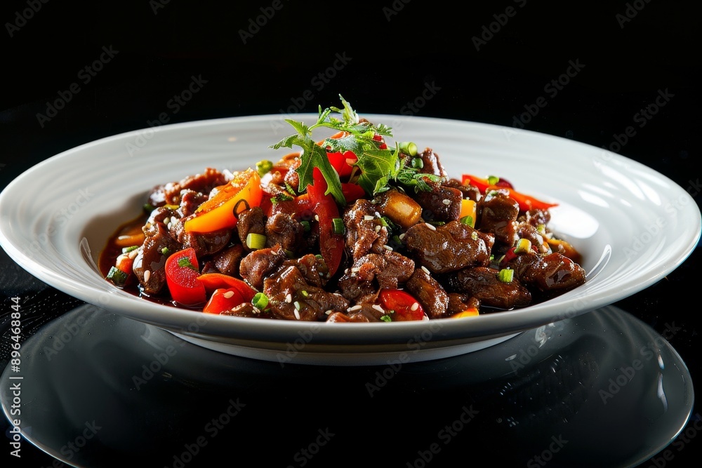 Cook beef with pepper on a black plate Cook beef with pepper on a black plate
