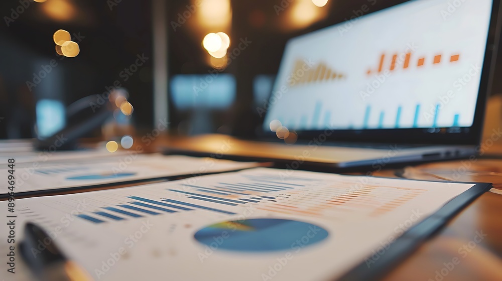 Financial Analysis on a Wooden Desk with a Laptop in the Background Financial Analysis on a Wooden Desk with a Laptop in the Background